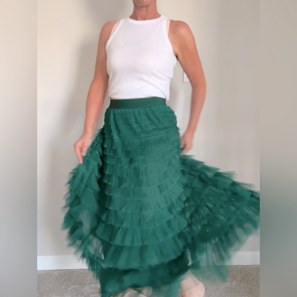 Dark Green Boho maxi skirt with mesh ruffle hem. Super cute and comfy. - Picture 6 of 7